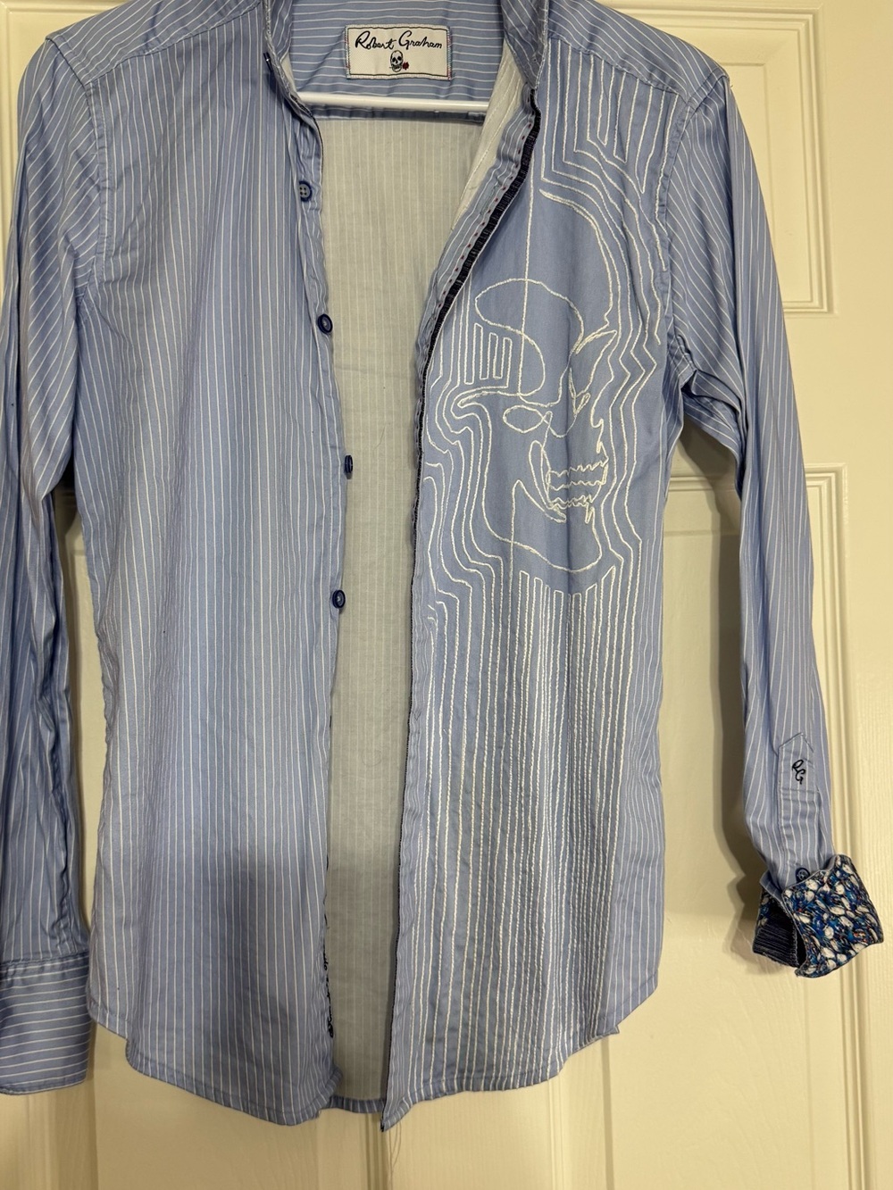 Robert Graham Men's Light Blue Striped Button-Up Shirt with Embroidered Skull
